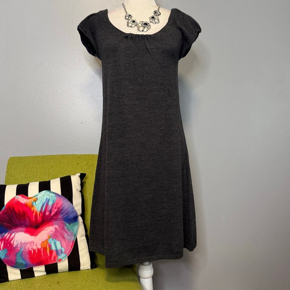 Calvin Klein Charcoal Gray Merino Wool Short Cap Sleeve Sweater Dress